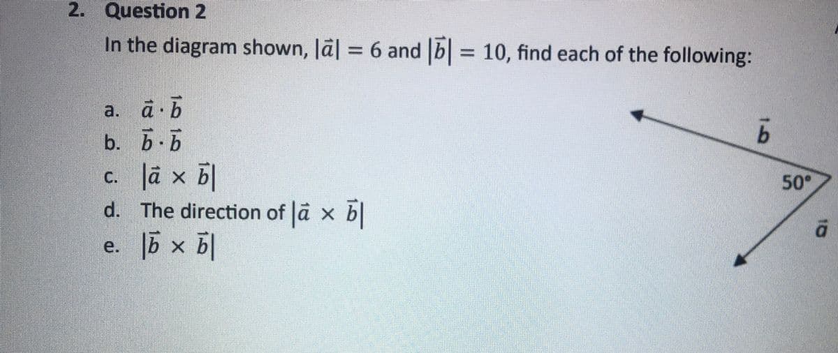 2. Question 2
In the diagram shown, |ā| = 6 and |5| = 10, find each of the following:
a. a. b
b.b-b
с. |ã×ā
d. The direction of |ã × b|
е.
Б х
bxb
b
50⁰
d