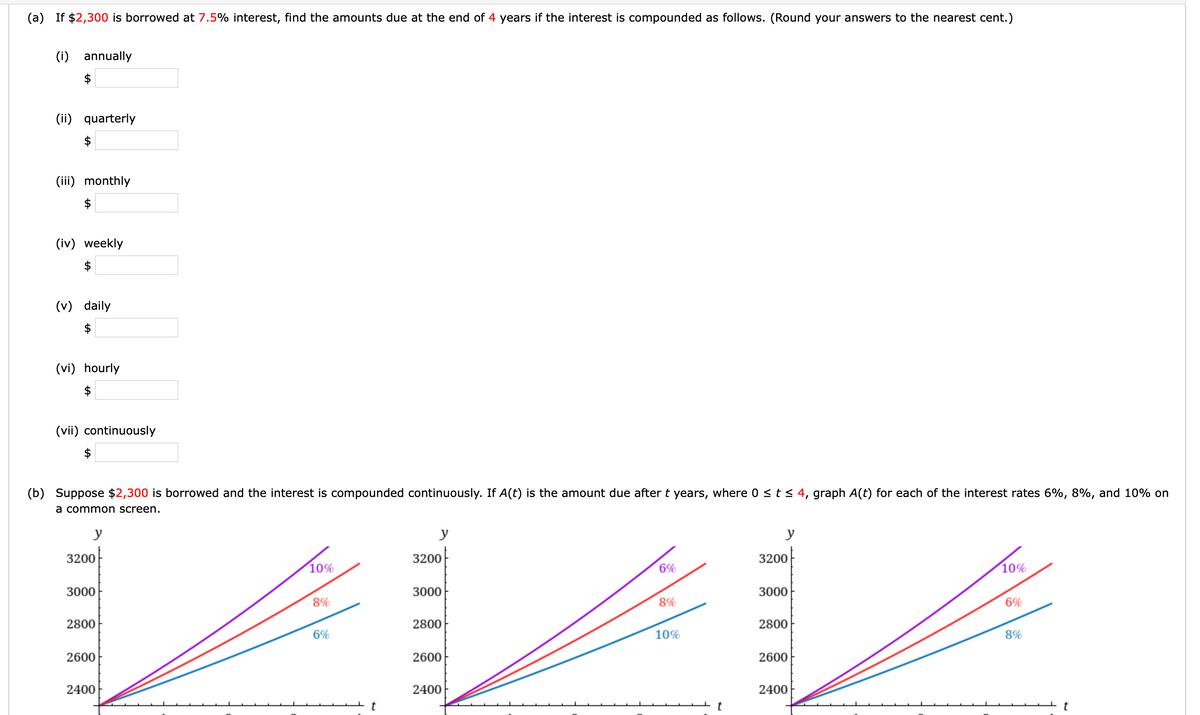 (a) If $2,300 is borrowed at 7.5% interest, find the amounts due at the end of 4 years if the interest is compounded as follows. (Round your answers to the nearest cent.)
(i) annually
$
(ii) quarterly
(iii) monthly
(iv) weekly
$
(v) daily
$
(vi) hourly
(vii) continuously
(b) Suppose $2,300 is borrowed and the interest is compounded continuously. If A(t) is the amount due after t years, where 0 < t < 4, graph A(t) for each of the interest rates 6%, 8%, and 10% on
a common screen.
y
y
y
3200
3200
3200
10%
6%
10%
3000
3000
3000
8%
8%
6%
2800
2800
2800
6%
10%
8%
2600
2600
2600
2400
2400
2400
