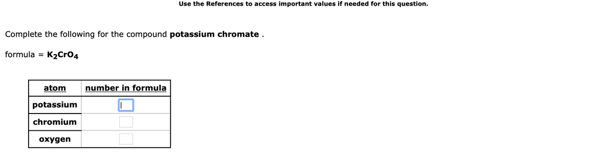 Use the References to access important values if needed for this question.
Complete the following for the compound potassium chromate .
formula
K2Cro4
%3D
atom
number in formula
potassium
chromium
охудen
