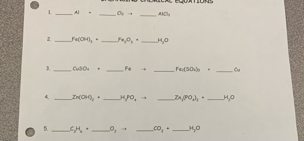 1.
2.
3.
5.
_Fe(OH)3
CuSO4
_Zn(OH)₂
_C₂H₂ +
+
+
Cl₂ →
_Fe₂O3 +
Fe
_H₂PO4
AlCl3
_H₂O
_CO₂
Fe2(SO4)3
_Zn₂(PO4)₂ +
_H₂O
Cu
_H₂O