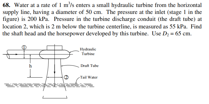 68. Water at a rate of 1 m'/s enters a small hydraulic turbine from the horizontal
supply line, having a diameter of 50 cm. The pressure at the inlet (stage 1 in the
figure) is 200 kPa. Pressure in the turbine discharge conduit (the draft tube) at
location 2, which is 2 m below the turbine centerline, is measured as 55 kPa. Find
the shaft head and the horsepower developed by this turbine. Use D2 = 65 cm.
Hydraulic
Turbine
h
Draft Tube
-Tail Water
