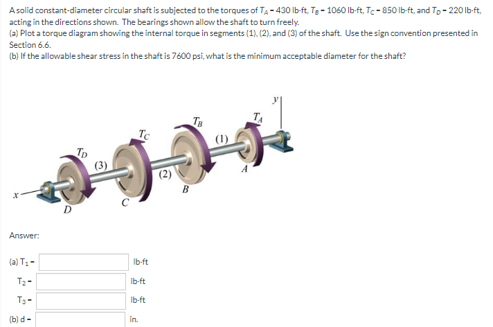 Asolid constant-diameter circular shaft is subjected to the torques of TA- 430 Ib-ft, TE- 1060 Ib-ft, Tc- 850 Ib-ft, and Tp - 220Ib-ft,
acting in the directions shown. The bearings shown allow the shaft to turn freely.
(a) Plot a torque diagram showing the internal torque in segments (1). (2), and (3) of the shaft. Use the sign convention presented in
Section 6.6.
(b) If the allowable shear stress in the shaft is 7600 psi, what is the minimum acceptable diameter for the shaft?
TB
TA
Tc
(1)
Tp
(3)
(2)
B
D
Answer:
(a) T1 -
Ib-ft
T2-
Ib-ft
T3-
Ib-ft
(b) d -
in.
