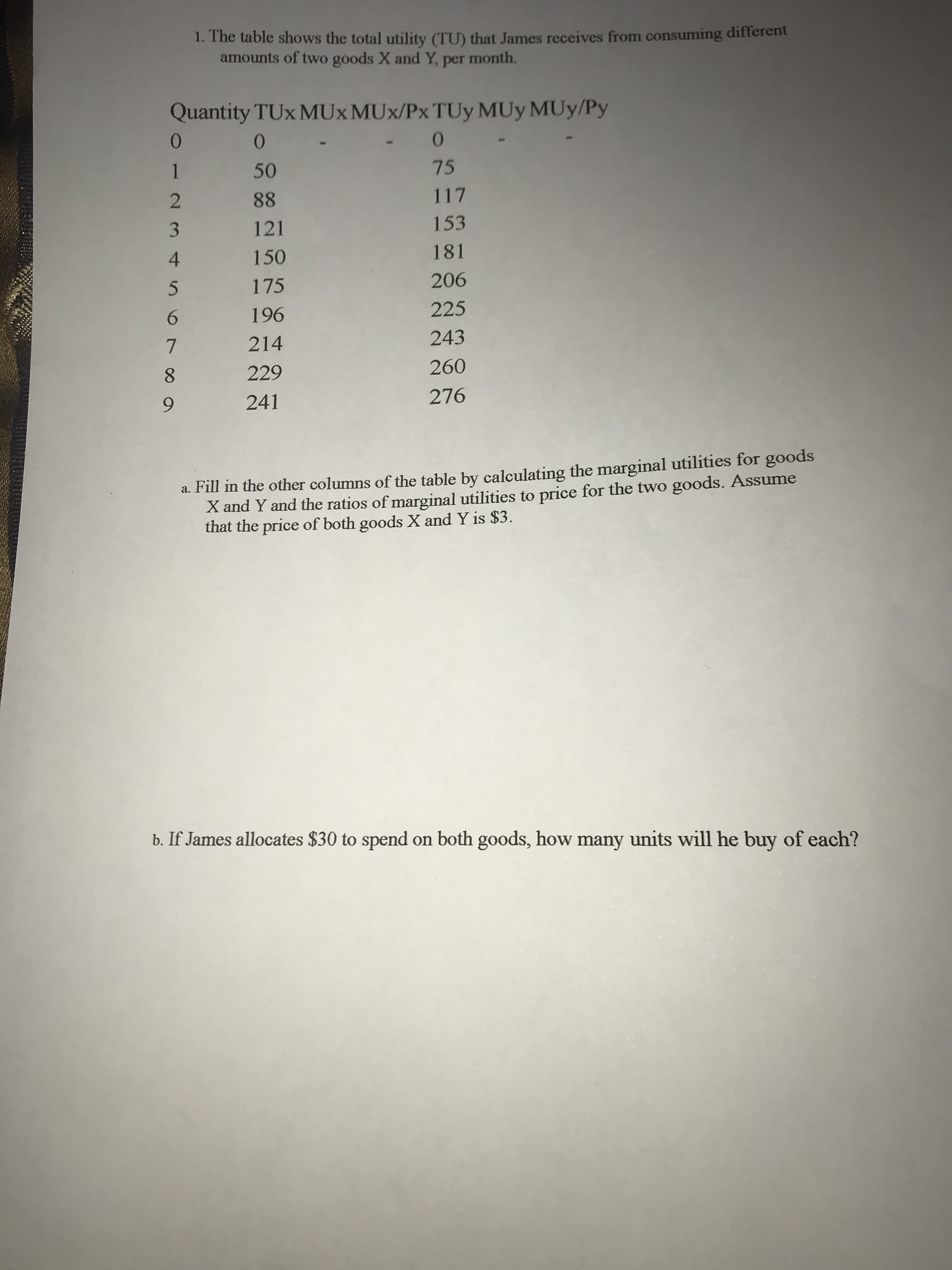 1. The table shows the total utility (TU) that James receives from consuming different
amounts of two goods X and Y, per month.
Quantity TUx MUX MUx/Px TUy MUy MUy/Py
0.
0.
1
50
75
88
117
121
153
4
150
181
175
206
6.
196
225
214
243
8.
229
260
6.
241
276
a. Fill in the other columns of the table by calculating the marginal utilities for goods
X and Y and the ratios of marginal utilities to price for the two goods. Assume
that the price of both goods X and Y is $3.
b. If James allocates $30 to spend on both goods, how many units will he buy of each?
