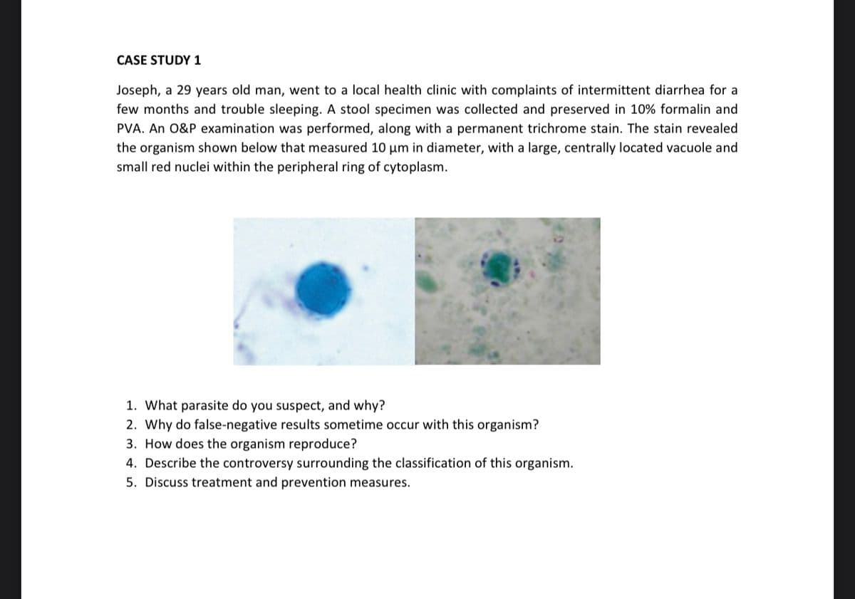 CASE STUDY 1
Joseph, a 29 years old man, went to a local health clinic with complaints of intermittent diarrhea for a
few months and trouble sleeping. A stool specimen was collected and preserved in 10% formalin and
PVA. An O&P examination was performed, along with a permanent trichrome stain. The stain revealed
the organism shown below that measured 10 μm in diameter, with a large, centrally located vacuole and
small red nuclei within the peripheral ring of cytoplasm.
1. What parasite do you suspect, and why?
2. Why do false-negative results sometime occur with this organism?
3. How does the organism reproduce?
4. Describe the controversy surrounding the classification of this organism.
5. Discuss treatment and prevention measures.