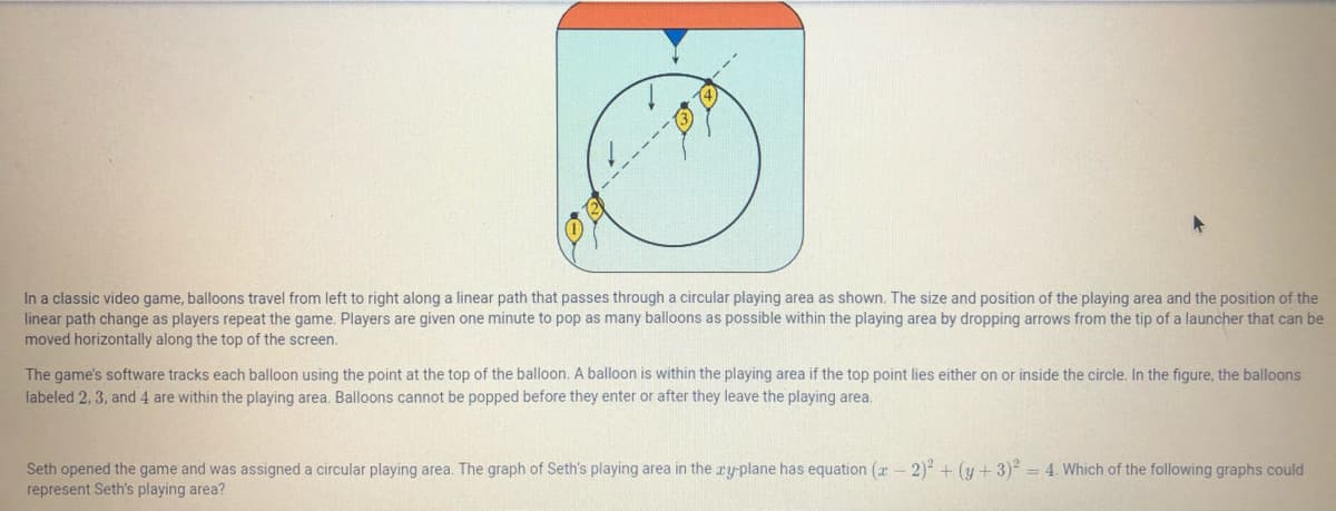 In a classic video game, balloons travel from left to right along a linear path that passes through a circular playing area as shown. The size and position of the playing area and the position of the
linear path change as players repeat the game. Players are given one minute to pop as many balloons as possible within the playing area by dropping arrows from the tip of a launcher that can be
moved horizontally along the top of the screen.
The game's software tracks each balloon using the point at the top of the balloon. A balloon is within the playing area if the top point lies either on or inside the circle, In the figure, the balloons
labeled 2, 3, and 4 are within the playing area. Balloons cannot be popped before they enter or after they leave the playing area.
Seth opened the game and was assigned a circular playing area. The graph of Seth's playing area in the ay plane has equation ( - 2) + (y+3) = 4. Which of the following graphs could
represent Seth's playing area?
