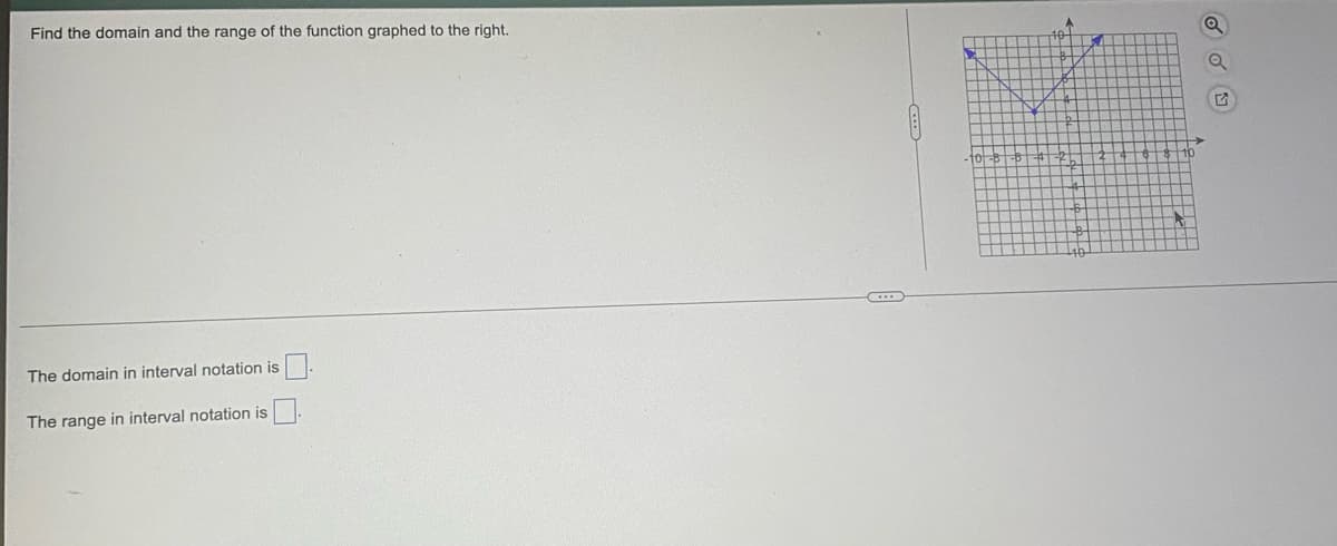 Find the domain and the range of the function graphed to the right.
The domain in interval notation is
The range in interval notation is
