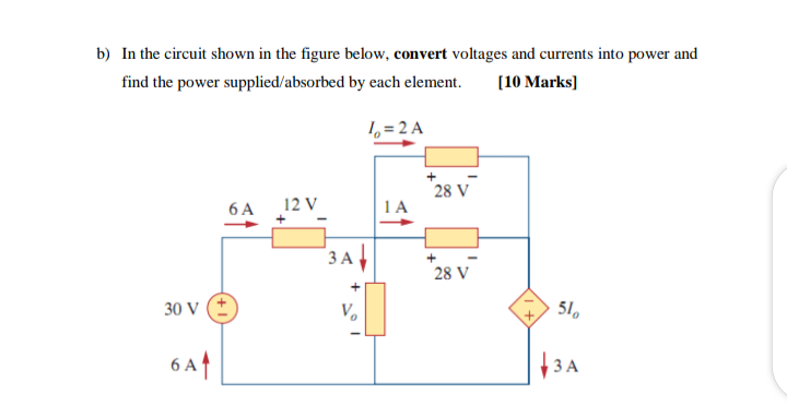 b) In the circuit shown in the figure below, convert voltages and currents into power and
find the power supplied/absorbed by each element.
[10 Marks]
1, = 2 A
28 V
6 A
12 V
1 A
3 A
28 V
30 V (*
51.
6 Af
13 A
ЗА
