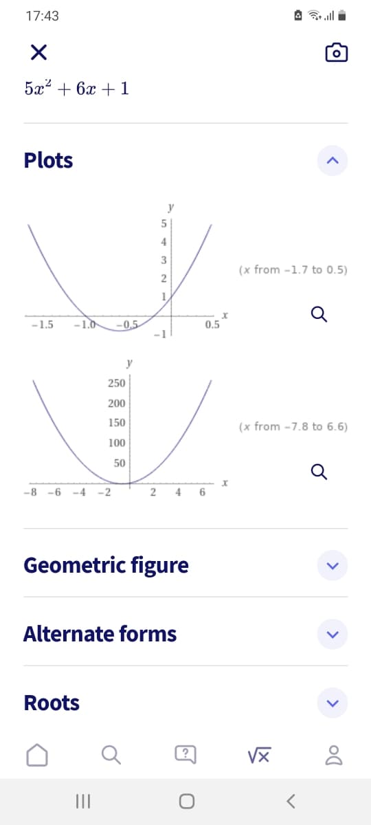 17:43
5x2 + 6x + 1
Plots
y
4
3
(x from -1.7 to 0.5)
1
-1.5
-1.0
-0,5
0,5
-1
y
250
200
150
(x from -7.8 to 6.6)
100
50
-8 -6
-4 -2
2 4 6
Geometric figure
Alternate forms
Roots
II
>
