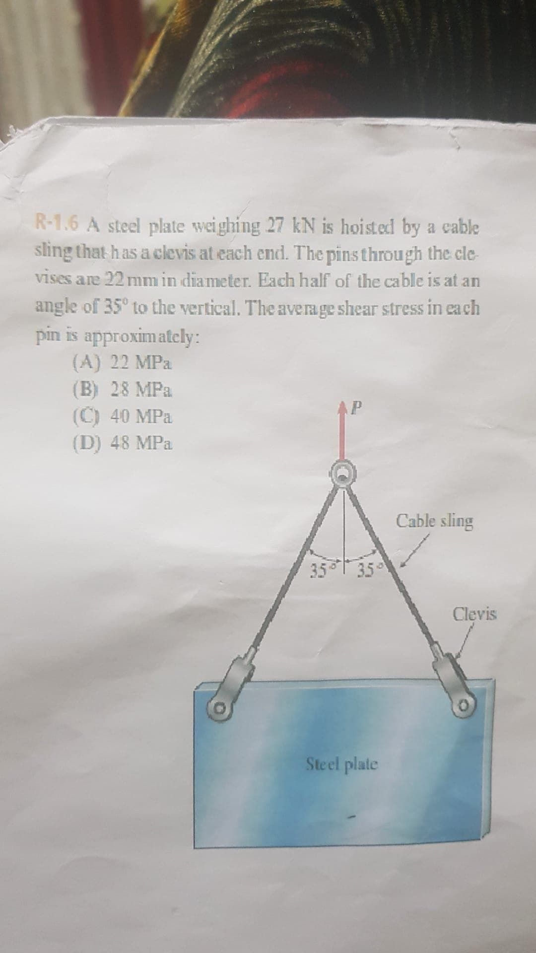 R-1.6 A steel plate weighing 27 kN is hoisted by a cable
sling that has a clevis at each end. The pins through the cle-
vises are 22 mm in diameter. Each half of the cable is at an
angle of 35° to the vertical. The aveage shear stress in each
pin is approximatcly:
(A) 22 MPa
(B) 28 MPa
(C) 40 MPa
(D) 48 MPa
Cable sling
35 35
Clevis
Steel plate
