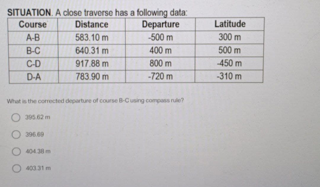 SITUATION. A close traverse has a following data:
Departure
-500 m
Course
Distance
Latitude
A-B
583.10 m
300 m
ВС
640.31 m
400 m
500 m
C-D
917.88 m
800 m
-450 m
D-A
783.90 m
-720 m
-310 m
What is the corrected departure of course B-C using compass rule?
395.62 m
396.69
404.38 m
403.31 m
