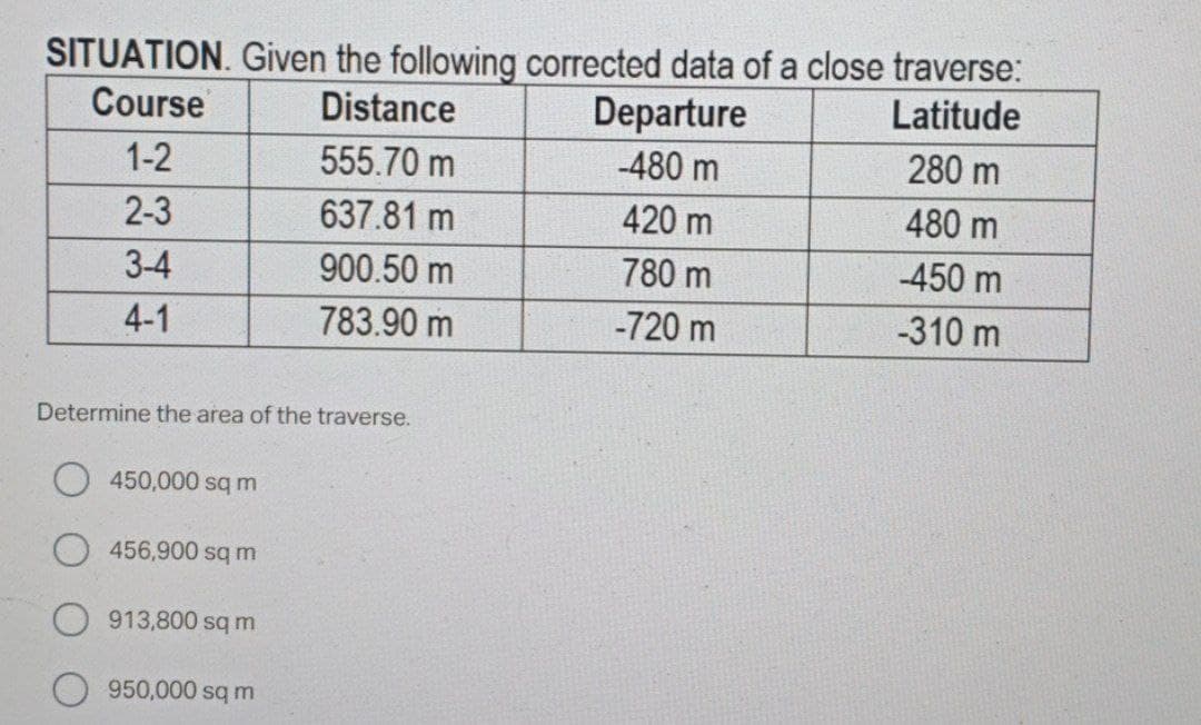 SITUATION. Given the following corrected data of a close traverse:
Course
Distance
Departure
Latitude
1-2
555.70 m
-480 m
280 m
2-3
637.81 m
420 m
480 m
3-4
900.50 m
780 m
-450 m
4-1
783.90 m
-720 m
-310 m
Determine the area of the traverse.
450,000 sq m
456,900 sq m
913,800 sq m
950,000 sq m
