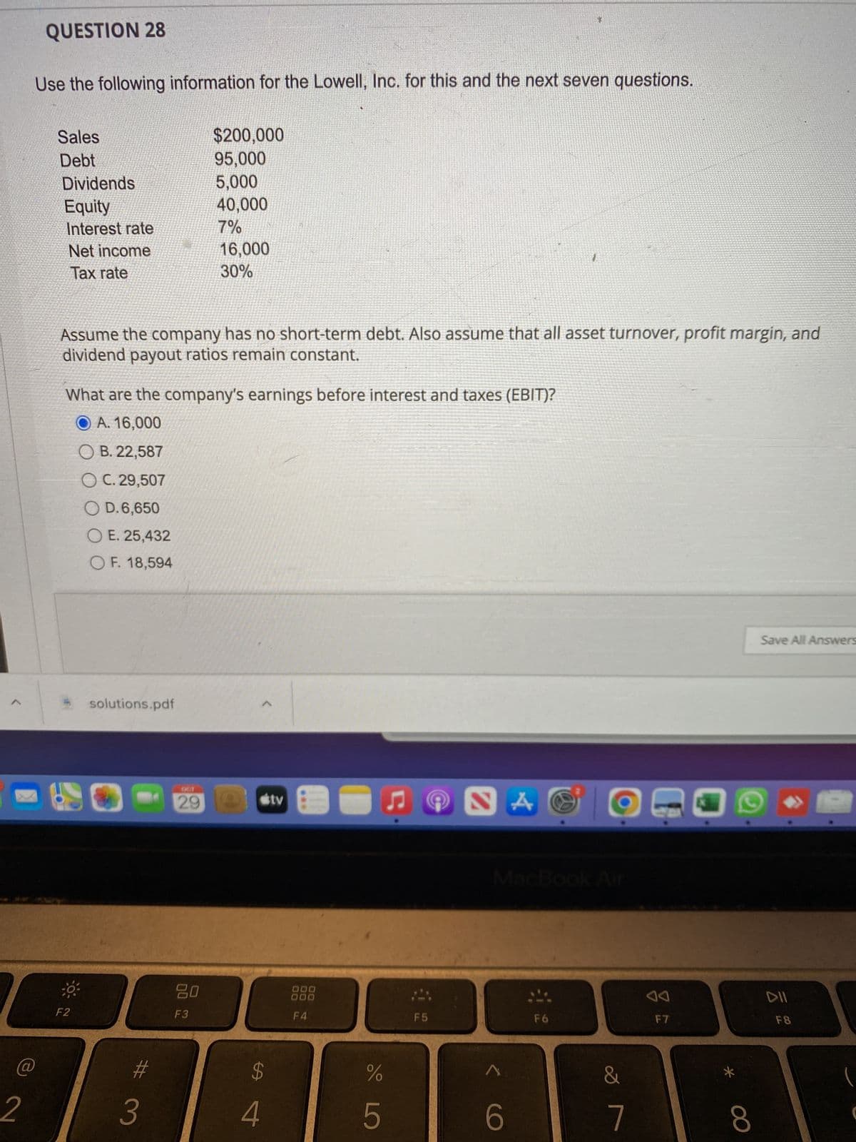 @
2
QUESTION 28
Use the following information for the Lowell, Inc. for this and the next seven questions.
Sales
Debt
Dividends
Equity
Interest rate
Net income
Tax rate
F2
Assume the company has no short-term debt. Also assume that all asset turnover, profit margin, and
dividend payout ratios remain constant.
What are the company's earnings before interest and taxes (EBIT)?
O A. 16,000
OB. 22,587
OC. 29,507
OD. 6,650
OE. 25,432
O F. 18,594
solutions.pdf
#
3
$200,000
95,000
5,000
40,000
7%
OCT
29
16,000
30%
80
F3
L
$
4
tv
DOO
000
F4
do LO
♫
%
5
F5
NAC
MacBook Air
<
1.
6
F6
&
7
8
aa
F7
8
Save All Answers
DII
F8