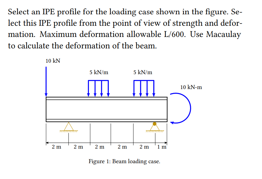 Select an IPE profile for the loading case shown in the figure. Se-
lect this IPE profile from the point of view of strength and defor-
mation. Maximum deformation allowable L/600. Use Macaulay
to calculate the deformation of the beam.
10 kN
2 m
2 m
5 kN/m
5 kN/m
2 m
2 m 2 m
Figure 1: Beam loading case.
1 m
10 kN-m