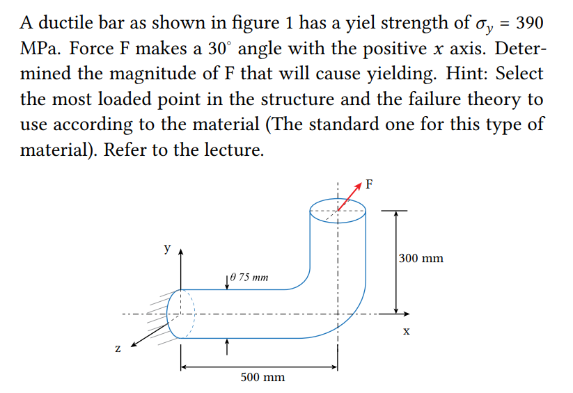 A ductile bar as shown in figure 1 has a yiel strength of oy = 390
MPa. Force F makes a 30° angle with the positive x axis. Deter-
mined the magnitude of F that will cause yielding. Hint: Select
the most loaded point in the structure and the failure theory to
use according to the material (The standard one for this type of
material). Refer to the lecture.
2
y
7
75 mm
500 mm
F
300 mm
X