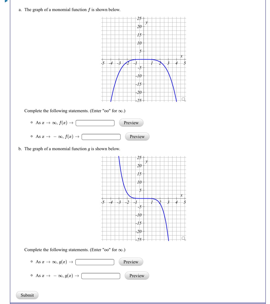 a. The graph of a monomial function f is shown below.
25
20
15
10
5
-5
2-1
-5
--3
4
-10
-15
-20
-25+
Complete the following statements. (Enter "oo" for o.)
o As x → o0, f(x) →
Preview
o As x → - 00, f(x) →
Preview
b. The graph of a monomial function g is shown below.
25
20
15
10
5
-5
-2-1
-5-
-4-3
-10
-15
-20-
–25
Complete the following statements. (Enter "oo" for oo.)
o As x → ox, g(x) →
Preview
o As x → - 0, g(x) →
Preview
Submit
