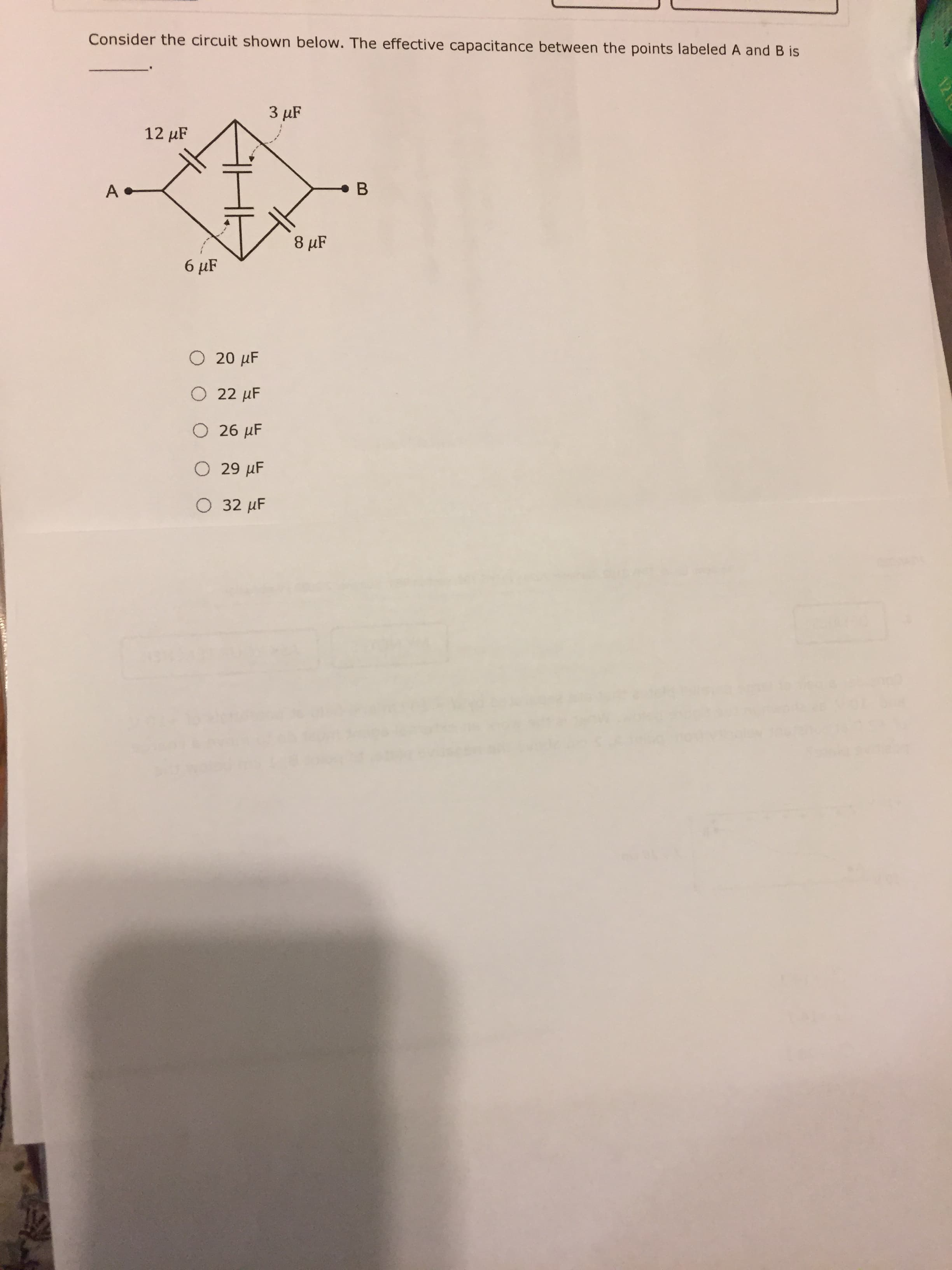 Consider the circuit shown below. The effective capacitance between the points labeled A and B is
3 µF
12 μF
В
8 μF
6 µF
