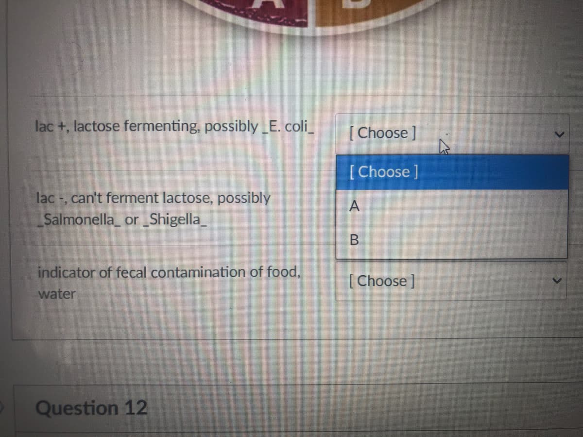 lac +, lactose fermenting, possibly _E. coli_
[ Choose ]
[ Choose ]
lac -, can't ferment lactose, possibly
Salmonella_ or_Shigella_
B.
indicator of fecal contamination of food,
water
[ Choose ]
Question 12
