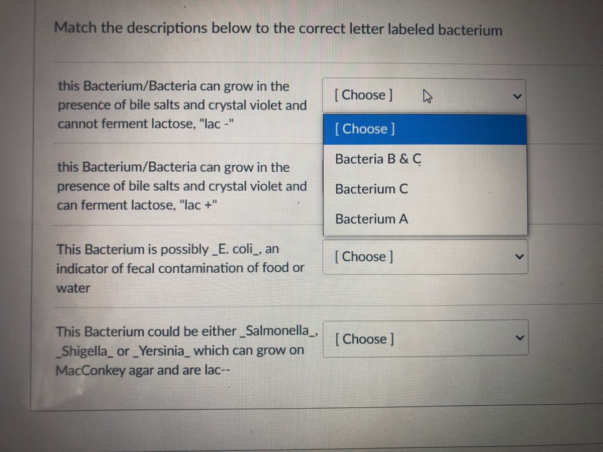 Match the descriptions below to the correct letter labeled bacterium
this Bacterium/Bacteria can grow in the
[Choose ]
presence of bile salts and crystal violet and
cannot ferment lactose, "lac -"
[Choose]
Bacteria B & C
this Bacterium/Bacteria can grow in the
presence of bile salts and crystal violet and
Bacterium C
can ferment lactose, "lac +"
Bacterium A
This Bacterium is possibly _E. coli_, an
indicator of fecal contamination of food or
[ Choose ]
water
This Bacterium could be either_Salmonella_,
Shigella_ or Yersinia_ which can grow on
MacConkey agar and are lac--
1.
[Choose]
>
