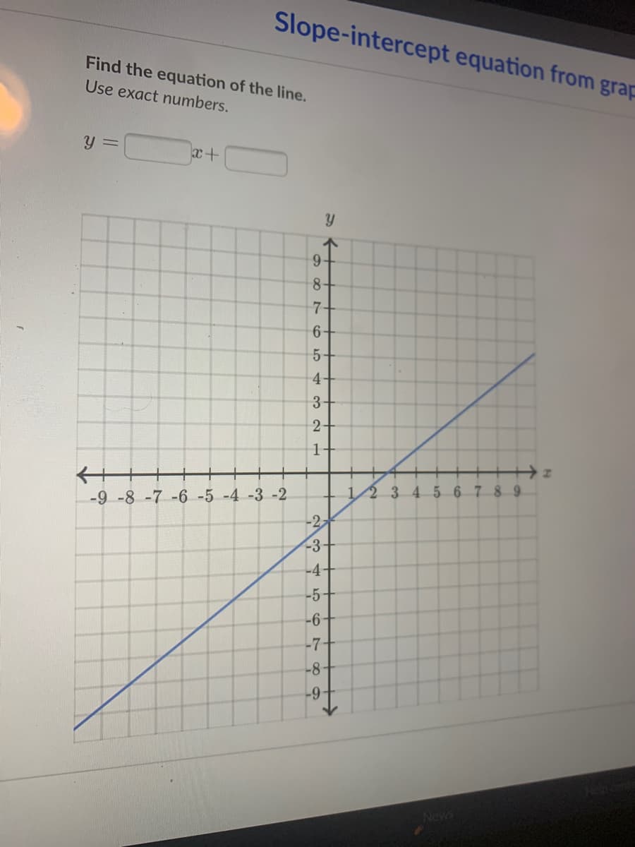 Slope-intercept equation from grap
Find the equation of the line.
Use exact numbers.
y =
x+
y
9-
8+
6+
5+
4+
3+
-9 -8 -7 -6-5 -4 -3 -2
2345 6 7 8 9
-2,
-3-
-4+
-5+
-6+
-7+
-8-
-9-
News
O 00 N O 5 4 3 2
