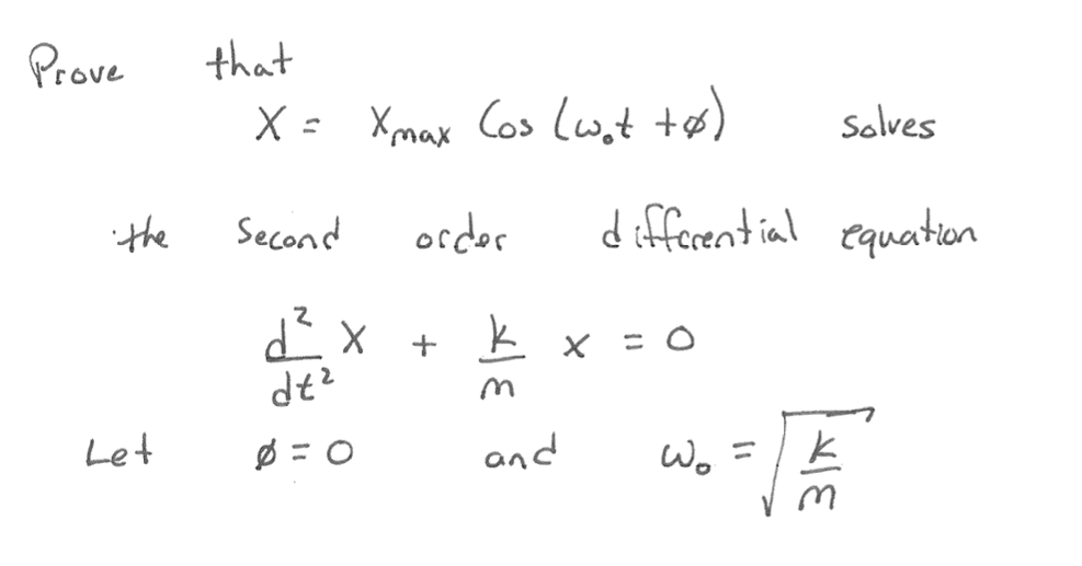 Prove
that
X = Xmax Cos lwit to)
Salves
the
d ifferential equatian
Second
order
+ k x = o
dt?
Let
Ø = 0
and
Wo =
| k
