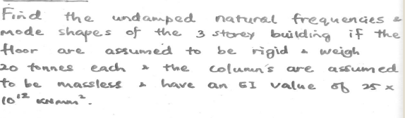 Find
mode shapes of the
Hoor
20 tonnes
to be
the undamped
natural frequenies e
3 storey building if the
be rigid
assumed to
weigh
are
each
the
column's are assumed
massless
have an
value o
