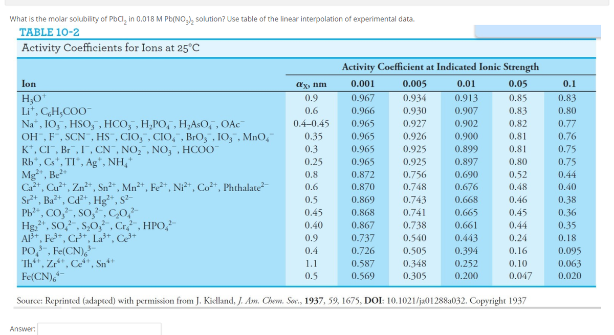 What is the molar solubility of PbCl, in 0.018 M Pb(NO,), solution? Use table of the linear interpolation of experimental data.
TABLE 10-2
Activity Coefficients for Ions at 25°C
Activity Coefficient at Indicated Ionic Strength
Ion
Ax, nm
0.001
0.005
0.01
0.05
0.1
H;O*
Li*, C,H;COO¯
Na*, IO3 , HSO;¯, HCO,", H,PO, , H;AsO, , OAc¯
OH , F¯, SCN¯, HS¯, CIO3¯, CIO, , BrOz , IO3 , MnO,-
K*, CI¯, Br¯, I¬, CN¯, NO,¯, N0; , HCOO¯
Rb*, Cs*, TI*, Ag*, NH,*
Mg²*, Be²+
Ca²+, Cu²+, Zn²+, Sn²+, Mn²+, Fe²+, Ni²+, Co²+, Phthalate
Sr+, Ba²+, Cď²+, Hg²*, S²-
Pb²*, CO,²", SO;²-, C,O,²-
Hg,+, SO,-, S,0, , Cr, HPO,²-
Al³*, Fe³+, Cr³+, La³+, Ce³+
PO, , Fe(CN),-
Tht, Zr*, Ce*+, Sn*+
Fe(CN),
0.9
0.967
0.934
0.913
0.85
0.83
0.6
0.966
0.930
0.907
0.83
0.80
0.4–0.45
0.965
0.927
0.902
0.82
0.77
0.35
0.965
0.926
0.900
0.81
0.76
0.3
0.965
0.925
0.899
0.81
0.75
0.25
0.965
0.925
0.897
0.80
0.75
0.8
0.872
0.756
0.748
0.690
0.52
0.44
0.6
0.870
0.676
0.48
0.40
0.5
0.869
0.743
0.668
0.46
0.38
0.45
0.868
0.741
0.665
0.45
0.36
0.40
0.867
0.738
0.661
0.44
0.35
0.9
0.737
0.540
0.443
0.24
0.18
0.4
0.726
0.505
0.394
0.16
0.095
1.1
0.587
0.348
0.252
0.10
0.063
0.5
0.569
0.305
0.200
0.047
0.020
Source: Reprinted (adapted) with permission from J. Kielland, J. Am. Chem. Soc., 1937, 59, 1675, DOI: 10.1021/ja01288a032. Copyright 1937
Answer:
