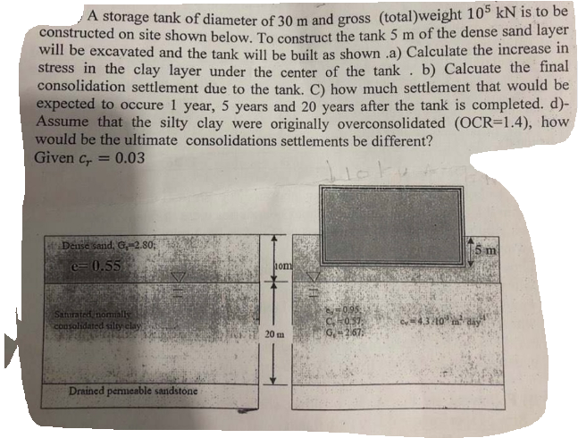 A storage tank of diameter of 30 m and gross (total)weight 105 kN is to be
constructed on site shown below. To construct the tank 5 m of the dense sand layer
will be excavated and the tank will be built as shown .a) Calculate the increase in
stress in the clay layer under the center of the tank . b) Calcuate the final
consolidation settlement due to the tank. C) how much settlement that would be
expected to occure 1 year, 5 years and 20 years after the tank is completed. d)-
Assume that the silty clay were originally overconsolidated (OCR=1.4), how
would be the ultimate consolidations settlements be different?
Given c
0.03
%3D
Dense Sand, G,-2.80;
e=0.55
10m
0.95
Saturated nomially
consolidated silty clay
C43 10" m day
20 m
G267:
Drained permicable sandstone
