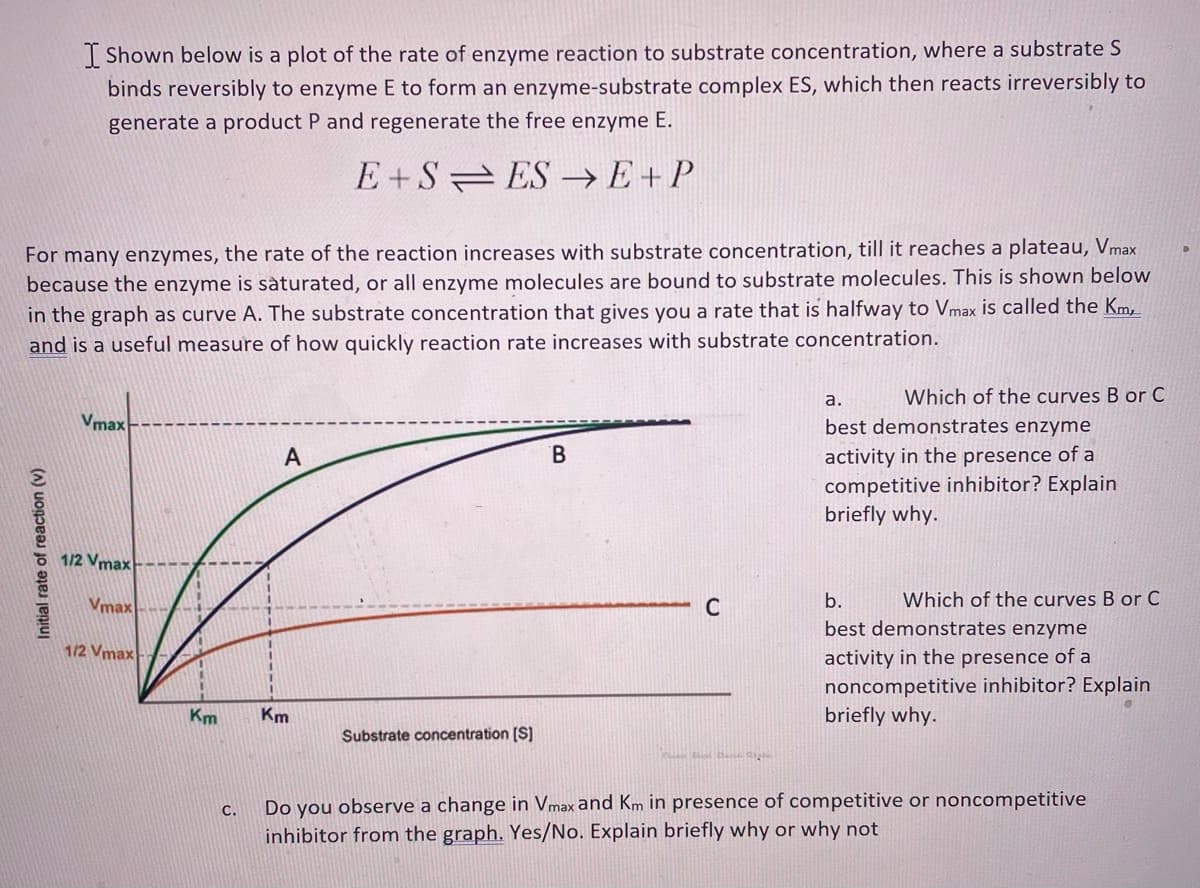 I Shown below is a plot of the rate of enzyme reaction to substrate concentration, where a substrate S
binds reversibly to enzyme E to form an enzyme-substrate complex ES, which then reacts irreversibly to
generate a product P and regenerate the free enzyme E.
E+S ES →E+ P
For many enzymes, the rate of the reaction increases with substrate concentration, till it reaches a plateau, Vmax
because the enzyme is sàturated, or all enzyme molecules are bound to substrate molecules. This is shown below
in the graph as curve A. The substrate concentration that gives you a rate that is halfway to Vmax is called the Km,
and is a useful measure of how quickly reaction rate increases with substrate concentration.
a.
Which of the curves B or C
Vmax
best demonstrates enzyme
B.
activity in the presence of a
competitive inhibitor? Explain
briefly why.
1/2 Vmax
Vmax --
C
b.
Which of the curves B or C
best demonstrates enzyme
1/2 Vmax
activity in the presence of a
noncompetitive inhibitor? Explain
briefly why.
Km
Km
Substrate concentration [S]
Do you observe a change in Vmax and Km in presence of competitive or noncompetitive
inhibitor from the graph. Yes/No. Explain briefly why or why not
C.
Initial rate of reaction (v)
