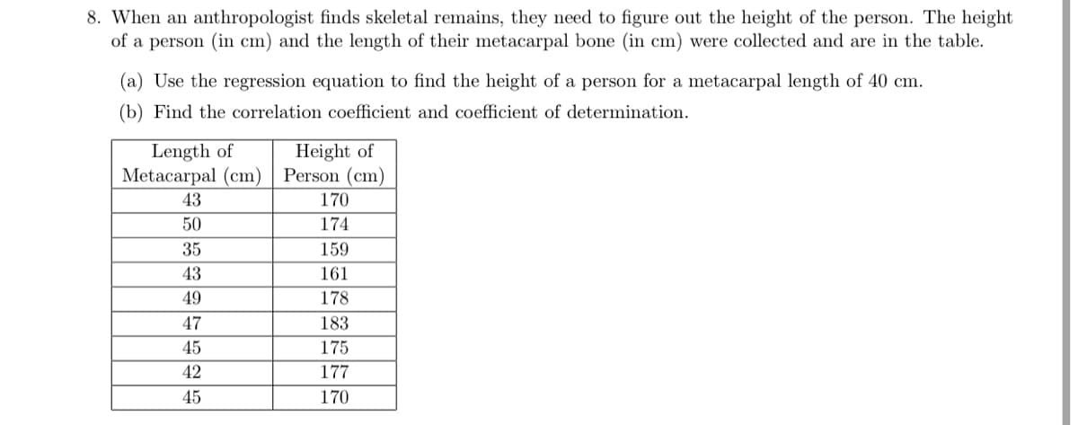 8. When an anthropologist finds skeletal remains, they need to figure out the height of the person. The height
of a person (in cm) and the length of their metacarpal bone (in cm) were collected and are in the table.
(a) Use the regression equation to find the height of a person for a metacarpal length of 40 cm.
(b) Find the correlation coefficient and coefficient of determination.
Length of
Metacarpal (cm)
Height of
Person (cm)
43
170
50
174
35
159
43
161
49
178
47
183
45
175
42
177
45
170
