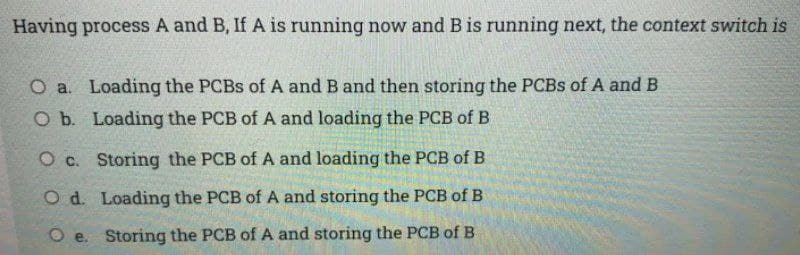 Having process A and B, If A is running now and B is running next, the context switch is
O a. Loading the PCBS of A and B and then storing the PCBS of A and B
O b. Loading the PCB of A and loading the PCB of B
O c. Storing the PCB of A and loading the PCB of B
O d. Loading the PCB of A and storing the PCB of B
O e. Storing the PCB of A and storing the PCB of B
