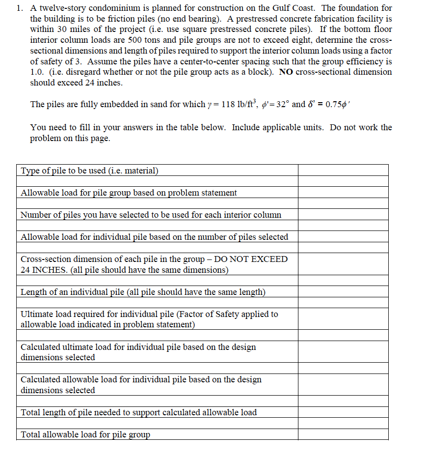 1. A twelve-story condominium is planned for construction on the Gulf Coast. The foundation for
the building is to be friction piles (no end bearing). A prestressed concrete fabrication facility is
within 30 miles of the project (i.e. use square prestressed concrete piles). If the bottom floor
interior column loads are 500 tons and pile groups are not to exceed eight, determine the cross-
sectional dimensions and length of piles required to support the interior column loads using a factor
of safety of 3. Assume the piles have a center-to-center spacing such that the group efficiency is
1.0. (i.e. disregard whether or not the pile group acts as a block). NO cross-sectional dimension
should exceed 24 inches.
The piles are fully embedded in sand for which y = 118 lb/ft°, ø'= 32° and &' = 0.75ø'
You need to fill in your answers in the table below. Include applicable units. Do not work the
problem on this page.
Type of pile to be used (i.e. material)
Allowable load for pile group based on problem statement
Number of piles you have selected to be used for each interior column
Allowable load for individual pile based on the number of piles selected
Cross-section dimension of each pile in the group – DO NOT EXCEED
24 INCHES. (all pile should have the same dimensions)
Length of an individual pile (all pile should have the same length)
Ultimate load required for individual pile (Factor of Safety applied to
allowable load indicated in problem statement)
Calculated ultimate load for individual pile based on the design
dimensions selected
Calculated allowable load for individual pile based on the design
dimensions selected
Total length of pile needed to support calculated allowable load
Total allowable load for pile group
