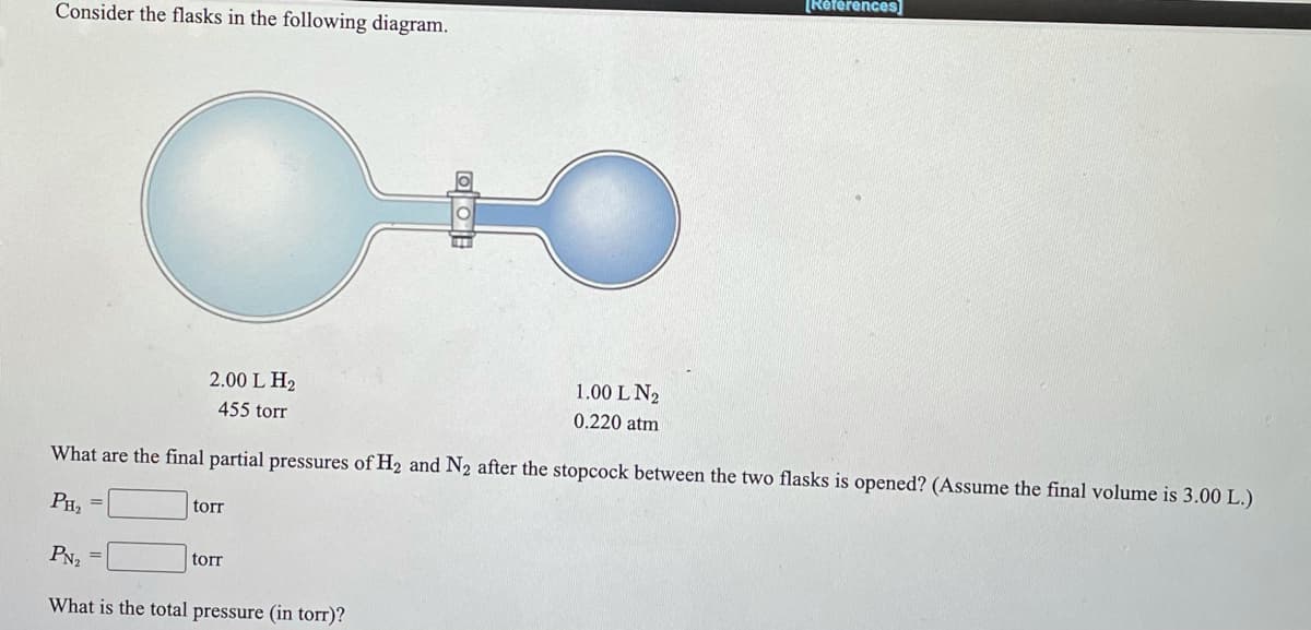 [Références]
Consider the flasks in the following diagram.
2.00 L H2
1.00 L N2
455 torr
0.220 atm
What are the final partial pressures of H2 and N2 after the stopcock between the two flasks is opened? (Assume the final volume is 3.00 L.)
PH2
torr
PN2
torr
What is the total pressure (in torr)?
