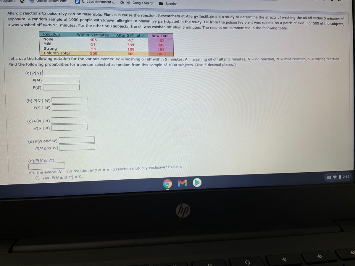 Online Locker. Virtu.
E Untitled document -.
G kji - Google Search
Spanish
Allergic reactions to poison ivy can be miserable. Plant oils cause the reaction. Researchers at Allergy Institute did a study to determine the effects of washing the oil off within 5 minutes of
exposure. A random sample of 1000 people with known allergies to poison ivy participated in the study. Oil from the poison ivy plant was rubbed on a patch of skin. For 500 of the subjects,
it was washed off within 5 minutes. For the other 500 subjects, the oil was washed off after 5 minutes. The results are summarized in the following table.
Reaction
Within 5 Minutes
After 5 Minutes
Row Total
None
405
47
452
Mild
51
344
395
Strong
Column Total
44
109
153
500
500
1000
Let's use the following notation for the various events: W =
Find the following probabilities for a person selected at random from this sample of 1000 subjects. (Use 3 decimal places.)
washing oil off within 5 minutes, A = washing oil off after 5 minutes, N = no reaction, M = mild reaction, S = strong reaction.
(a) P(N)
P(M)
P(S)
(b) P(N | W)
P(S | W)
(c) P(N | A)
P(S | A)
(d) P(N and W)
P(M and W)
(e) P(N or M).
Are the events N = no reaction and M = mild reaction mutually exclusive? Explain.
O Yes. P(N and M) = 0.
US V O 2:12
hp
