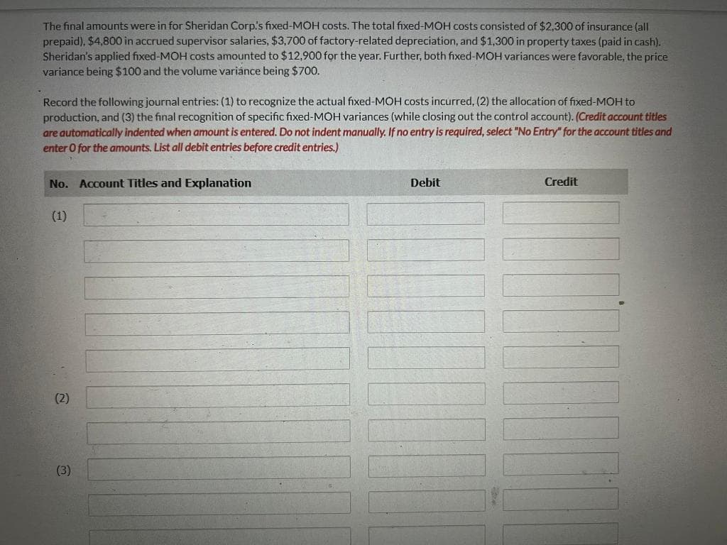 The final amounts were in for Sheridan Corp's fixed-MOH costs. The total fixed-MOH costs consisted of $2,300 of insurance (all
prepaid), $4,800 in accrued supervisor salaries, $3,700 of factory-related depreciation, and $1,300 in property taxes (paid in cash).
Sheridan's applied fixed-MOH costs amounted to $12,900 for the year. Further, both fixed-MOH variances were favorable, the price
variance being $100 and the volume variánce being $700.
Record the following journal entries: (1) to recognize the actual fixed-MOH costs incurred, (2) the allocation of fixed-MOH to
production, and (3) the final recognition of specific fixed-MOH variances (while closing out the control account). (Credit account titles
are automatically indented when amount is entered. Do not indent manually. If no entry is required, select "No Entry" for the account titles and
enter O for the amounts. List all debit entries before credit entries.)
S
No. Account Titles and Explanation
(2)
(3)
Debit
Credit