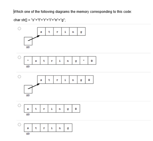 Which one of the following diagrams the memory corresponding to this code:
char str[] =
"s"+"t"+"r"+"i"+"n"+"g";
O
O
str
str
str
str
S
str
t
S
S t r
t
t
S t
be
T
7
1
T
1
1
n
3
n g
n
g
g
1 n g Ө
g
e
e