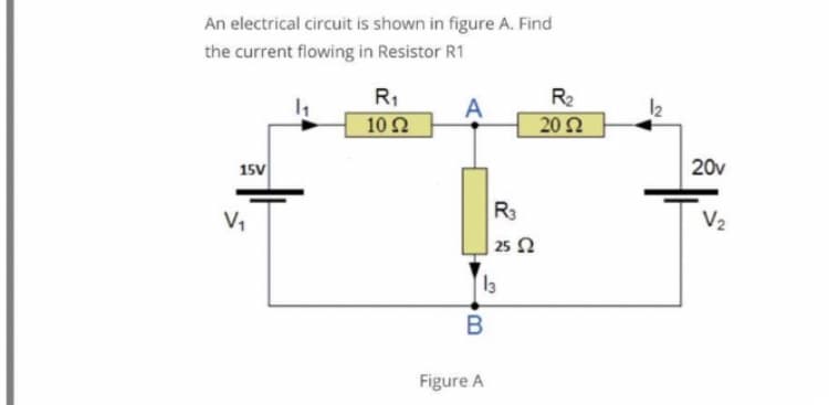 An electrical circuit is shown in figure A. Find
the current flowing in Resistor R1
R2
A
20 2
R1
12
10 2
15V
20v
V1
R3
V2
| 25 N
B
Figure A
