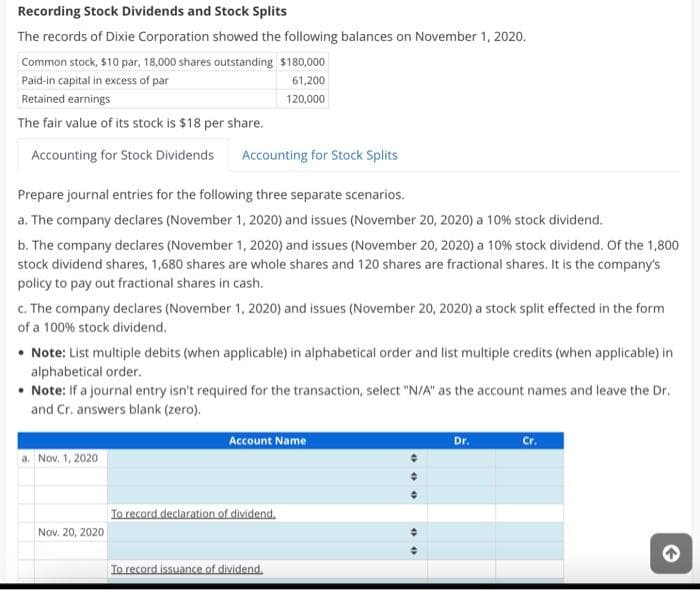 Recording Stock Dividends and Stock Splits
The records of Dixie Corporation showed the following balances on November 1, 2020.
Common stock, $10 par, 18,000 shares outstanding $180,000
Paid-in capital in excess of par
61,200
Retained earnings
120,000
The fair value of its stock is $18 per share.
Accounting for Stock Dividends Accounting for Stock Splits
Prepare journal entries for the following three separate scenarios.
a. The company declares (November 1, 2020) and issues (November 20, 2020) a 10% stock dividend.
b. The company declares (November 1, 2020) and issues (November 20, 2020) a 10% stock dividend. Of the 1,800
stock dividend shares, 1,680 shares are whole shares and 120 shares are fractional shares. It is the company's
policy to pay out fractional shares in cash.
c. The company declares (November 1, 2020) and issues (November 20, 2020) a stock split effected in the form
of a 100% stock dividend.
• Note: List multiple debits (when applicable) in alphabetical order and list multiple credits (when applicable) in
alphabetical order.
• Note: If a journal entry isn't required for the transaction, select "N/A" as the account names and leave the Dr.
and Cr. answers blank (zero).
a. Nov. 1, 2020
Nov. 20, 2020
Account Name
To record declaration of dividend.
To record issuance of dividend.
000
00
Dr.
Cr.