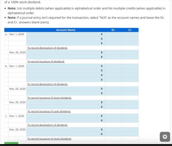 of a 100% stock dividend.
• Note: List multiple debits (when applicable) in alphabetical order and list multiple credits (when applicable) in
alphabetical order.
• Note: If a journal entry isn't required for the transaction, select "N/A" as the account names and leave the Dr.
and Cr. answers blank (zero).
a. Nov. 1, 2020
Nov. 20, 2020
b. Nov. 1, 2020
Nov. 20, 2020
Nov. 20, 2020
c. Nov. 1, 2020
Nov. 20, 2020
Account Name
To record declaration of dividend.
To record issuance of dividend.
To record declaration of dividend.
To record issuance of stock dividend.
To record issuance of cash dividend.
To record declaration of dividend.
To record issuance of stock dividend.
000
♦
00
0000
+
●
00
00
00
00
Dr.
Cr.