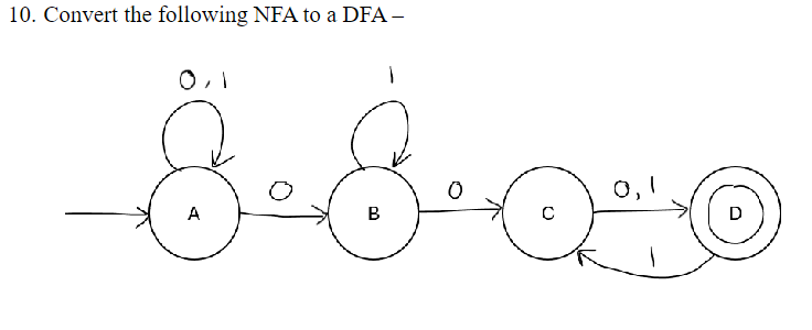 10. Convert the following NFA to a DFA -
0,1
8.8.
B
A
D