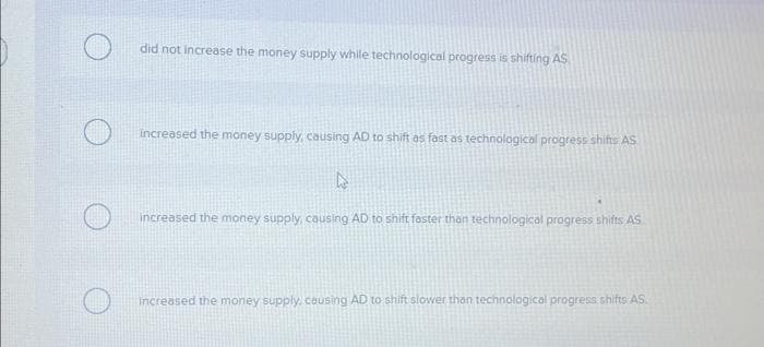 did not increase the money supply while technological progress is shifting AS
increased the money supply, causing AD to shift as fast as technological progress shifts AS
4
increased the money supply, causing AD to shift faster than technological progress shifts AS
increased the money supply, causing AD to shift slower than technological progress shifts AS.