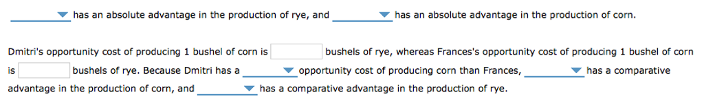 has an absolute advantage in the production of rye, and
is
Dmitri's opportunity cost of producing 1 bushel of corn is
bushels of rye. Because Dmitri has a
advantage in the production of corn, and
has an absolute advantage in the production of corn.
bushels of rye, whereas Frances's opportunity cost of producing 1 bushel of corn
opportunity cost of producing corn than Frances,
has a comparative
has a comparative advantage in the production of rye.