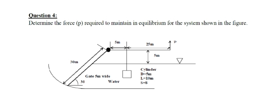 Question 4:
Determine the force (p) required to maintain in equilibrium for the system shown in the figure.
5m
25m
30m
Cуlinder
D=5m
Gate 5m wide
L=10m
30
Water
S-8
