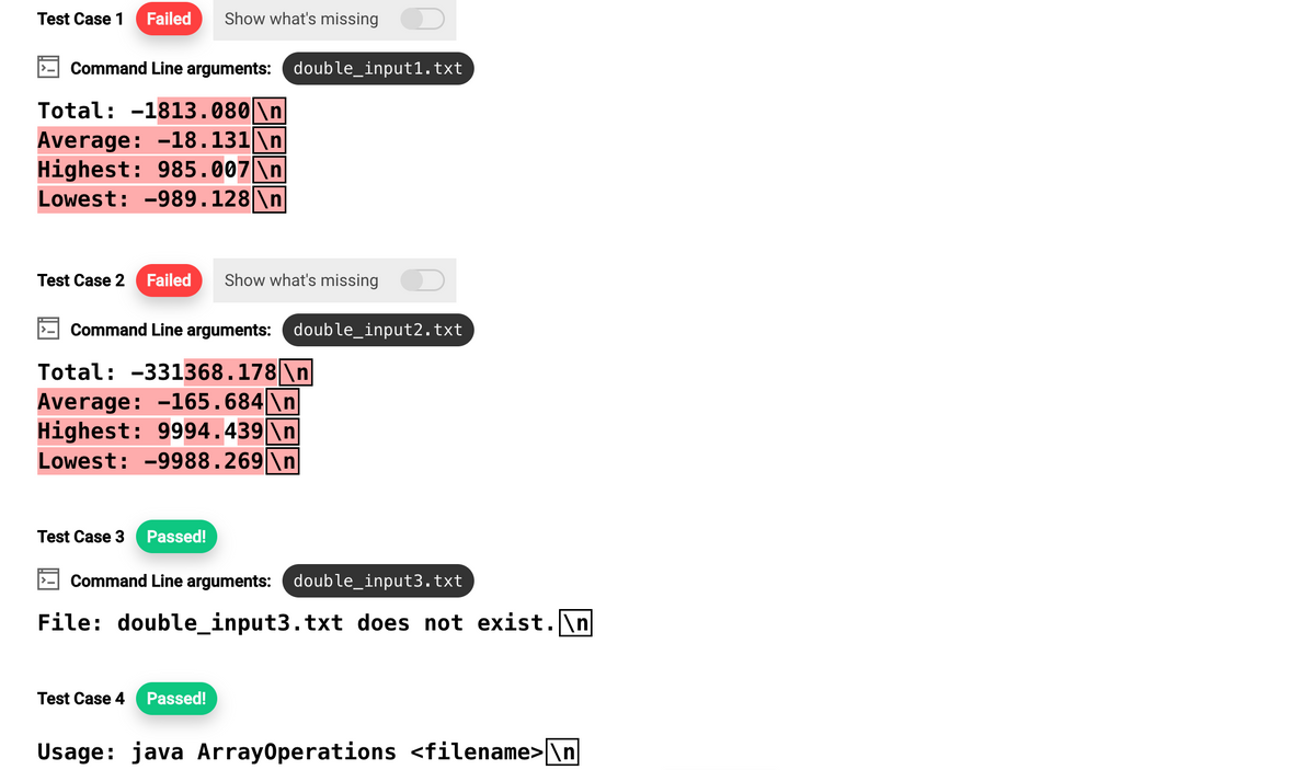 Test Case 1 Failed Show what's missing
Command Line arguments: double_input1.txt
Total: -1813.080 \n
Average: -18.131 \n
Highest: 985.007 \n
Lowest: -989.128 \n
Test Case 2 Failed Show what's missing
Command Line arguments: double_input2.txt
Total: -331368.178 \n
Average: -165.684 \n
Highest: 9994.439 \n
Lowest: -9988.269|\n|
Test Case 3 Passed!
Command Line arguments: double_input3.txt
File: double_input3.txt does not exist.\n
Test Case 4 Passed!
Usage: java ArrayOperations <filename>\n