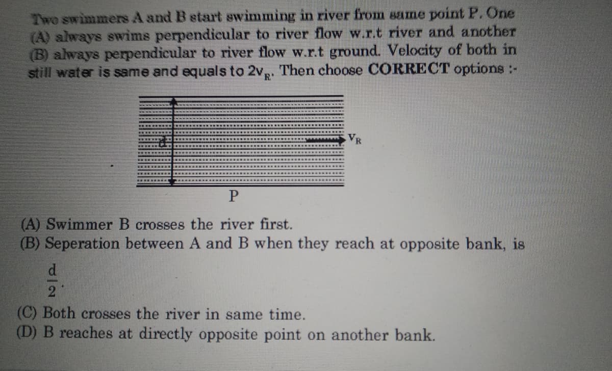 Two swimmers A and B start swimming in river from same point P. One
(A) always swims perpendicular to river flow w.r.t river and another
(B) always perpendicular to river flow w.r.t ground. Velocity of both in
still water is same and equals to 2v,. Then choose CORRECT options :-
R'
(A) Swimmer B crosses the river first.
(B) Seperation between A and B when they reach at opposite bank, is
d
(C) Both crosses the river in same time.
(D) B reaches at directly opposite point on another bank.
