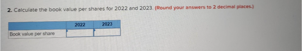 2. Calculate the book value per shares for 2022 and 2023. (Round your answers to 2 decimal places.)
Book value per share
2022
2023