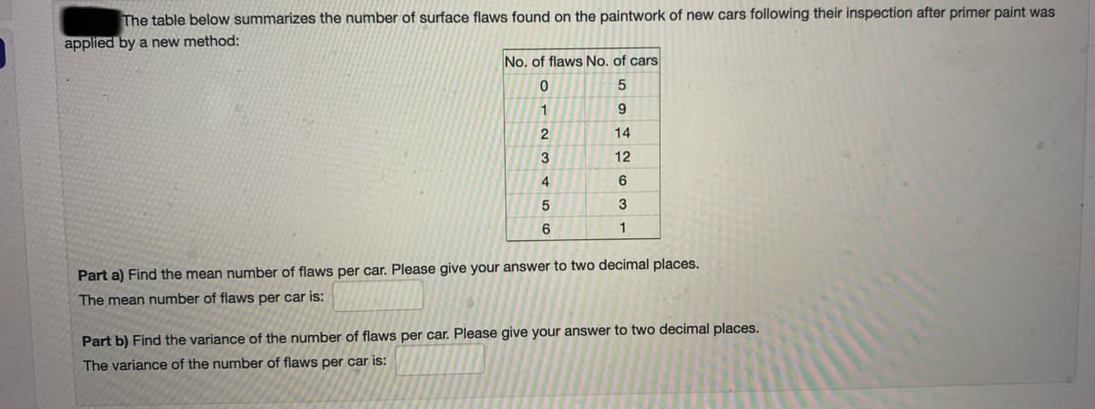 The table below summarizes the number of surface flaws found on the paintwork of new cars following their inspection after primer paint was
applied by a new method:
No. of flaws No. of cars
1
9.
2
14
3
12
4
6
3
6
1
Part a) Find the mean number of flaws per car. Please give your answer to two decimal places.
The mean number of flaws per car is:
Part b) Find the variance of the number of flaws per car. Please give your answer to two decimal places.
The variance of the number of flaws per car is:
