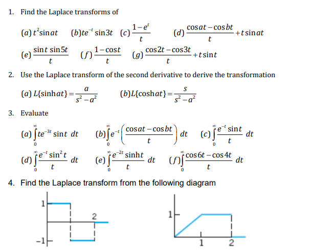 1. Find the Laplace transforms of
(a) t°sinat (b)te sin3t (c)
cosat - cos bt
(d)
+tsinat
t
1- cost
()
t
sint sin5t
cos2t – cos3t
+tsint
t
t
2. Use the Laplace transform of the second derivative to derive the transformation
a
(a) L{sinhat}=-
(b)L{coshat}=-
s² – a²
s? -a?
3. Evaluate
cosat – cos bt
(a) [te* sint dt
|dt (c)jesi
dt
t
řetsin?t
(d)
(e)je*sinht
dt (oi cos6t – cos 4t
t
dt
dt
t
4. Find the Laplace transform from the following diagram
-1F
2
