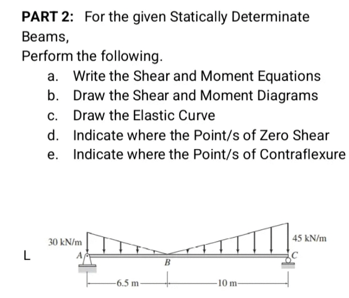 PART 2: For the given Statically Determinate
Beams,
Perform the following.
a. Write the Shear and Moment Equations
b. Draw the Shear and Moment Diagrams
c. Draw the Elastic Curve
С.
d. Indicate where the Point/s of Zero Shear
е.
Indicate where the Point/s of Contraflexure
30 kN/m
45 kN/m
L
B
-6.5 m-
-10 m-
