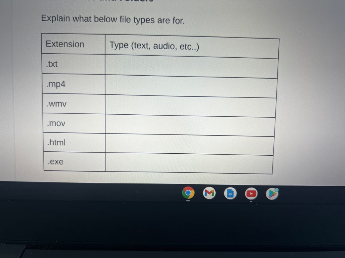 Explain what below file types are for.
Extension
Type (text, audio, etc..)
.txt
.mp4
.wmv
.mov
html
.exe
