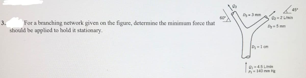 45°
3.
D3 = 3 mm
For a branching network given on the figure, determine the minimum force that
should be applied to hold it stationary.
60°
Q2 =2 L/min
D2 = 5 mm
D1 =1 cm
Q1 = 4.5 L/min
P1 = 140 mm Hg
%3D
